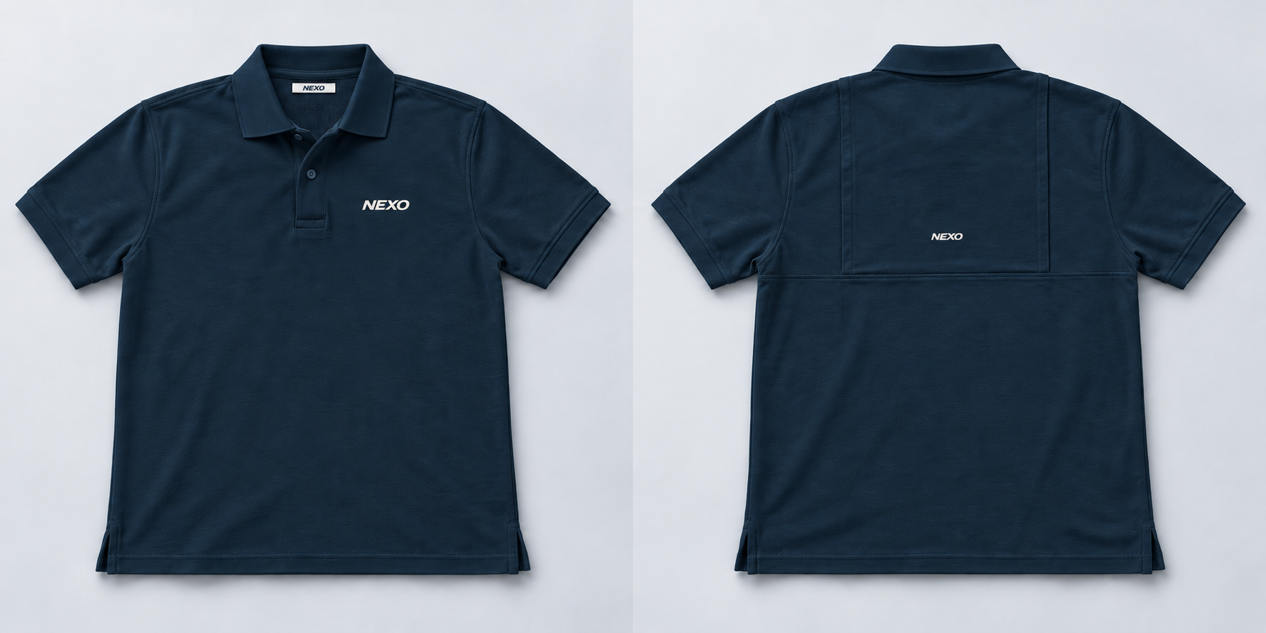 Diseño de polo NEXO azul marino con bordado blanco, vista frontal y posterior